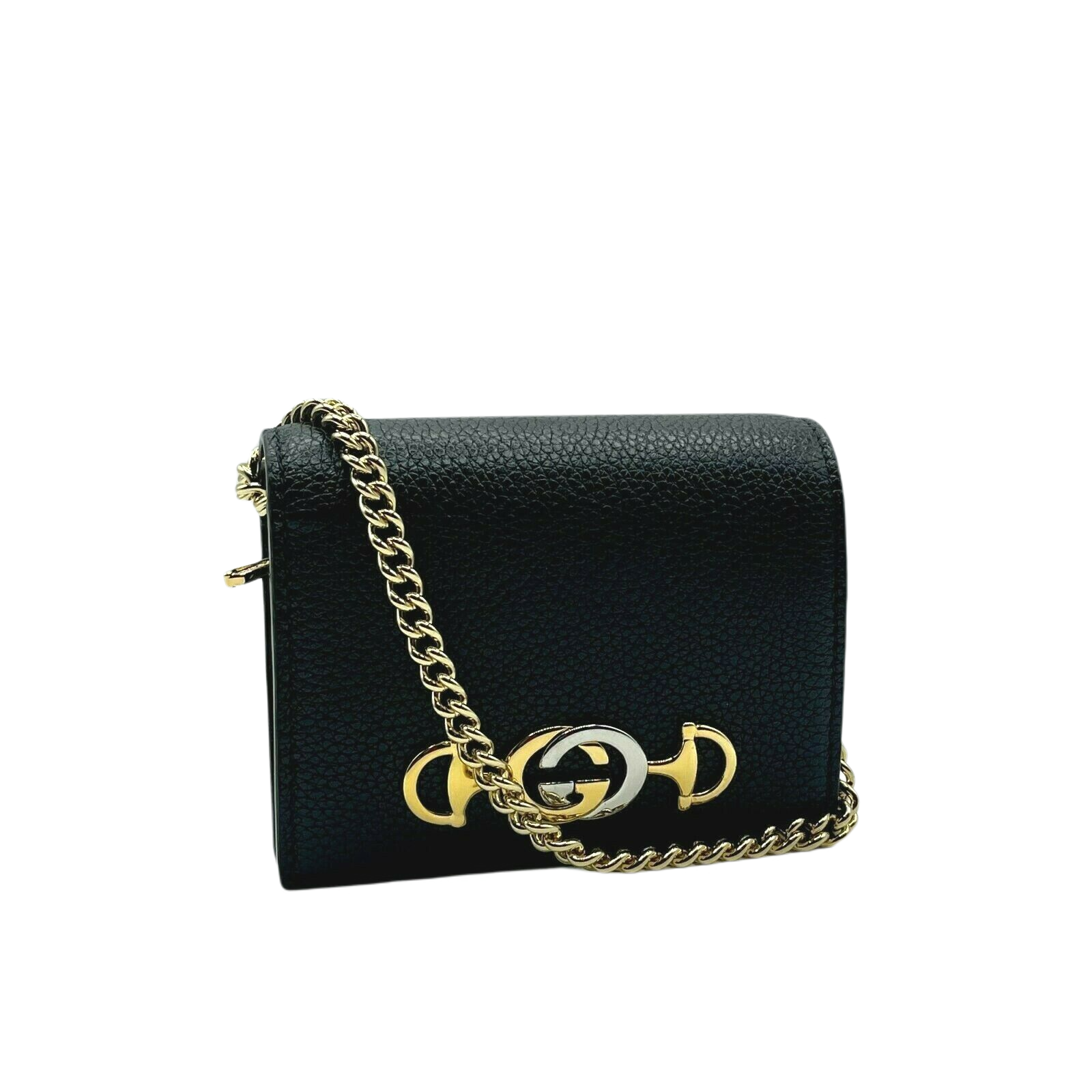 Gucci Zumi Women's Black Leather Gold Chain Bi-Fold Mini Wallet GG Logo 570660 10003