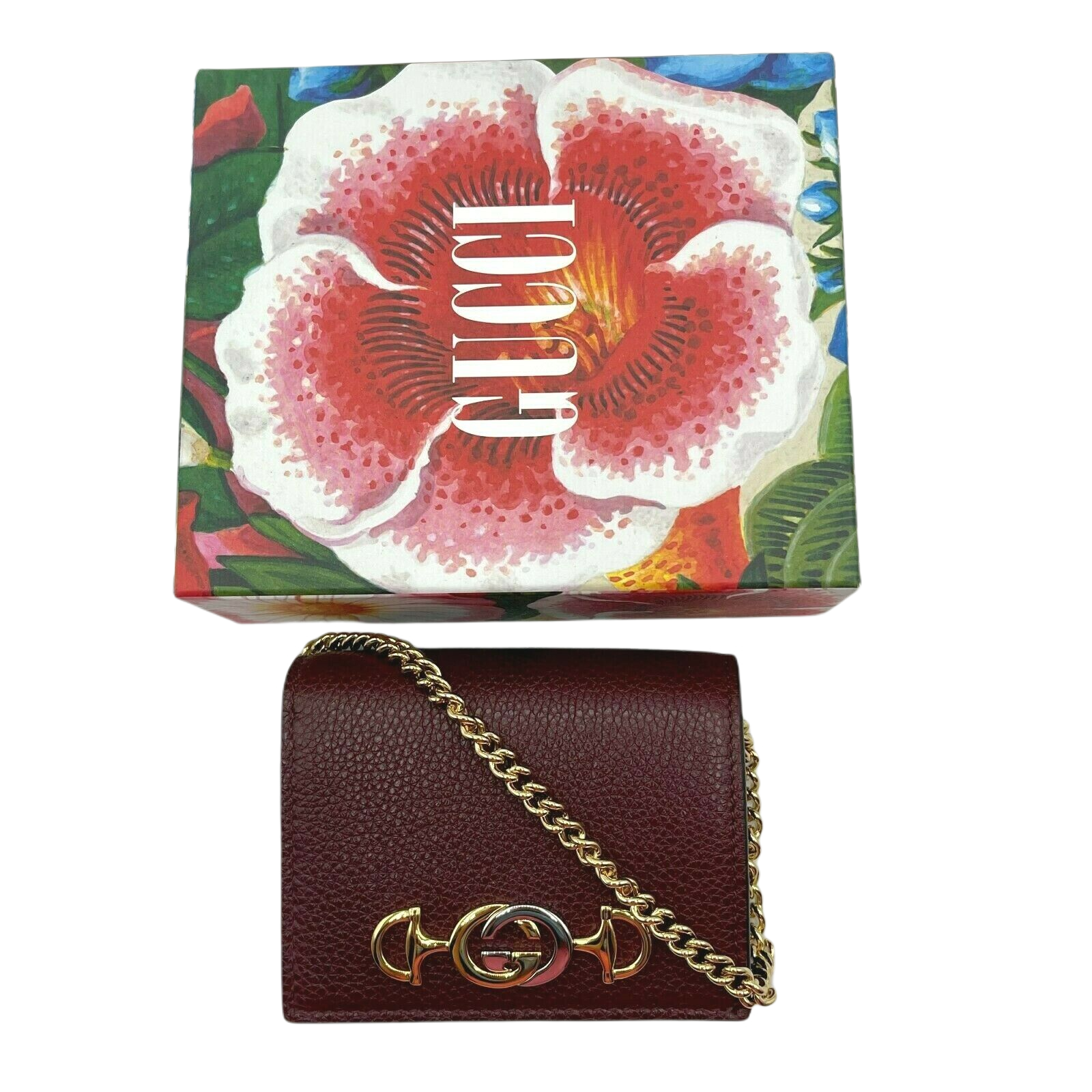 Gucci Zumi Burgundy Leather Gold Chain Bi-Fold Mini Wallet 570660 66292