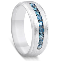 Mens 1/3ct Blue Diamond Brushed Wedding Ring 14k White Gold2