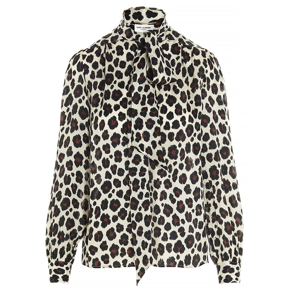 Saint Laurent Women's Leopard Print Silk Blouse Shirt Cream1