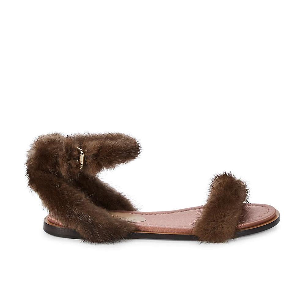 Valentino Women's Mink Fur Leather Ankle-Strap Flat Sandals Brown2