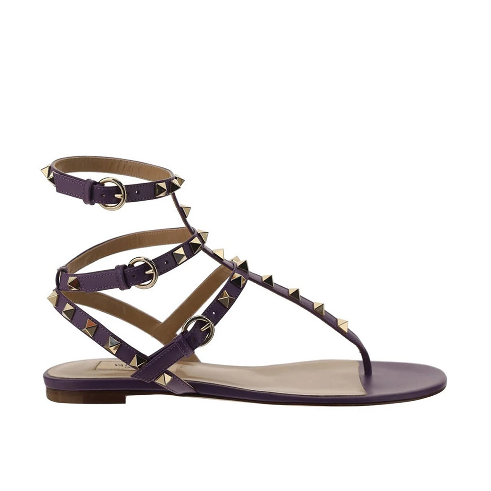 Valentino Women's Strapped Rockstud Flat Sandals in Purple1