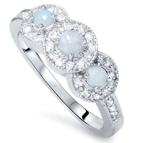 1/2CT 3-Stone Halo Opal & Diamond Ring 14K White Gold