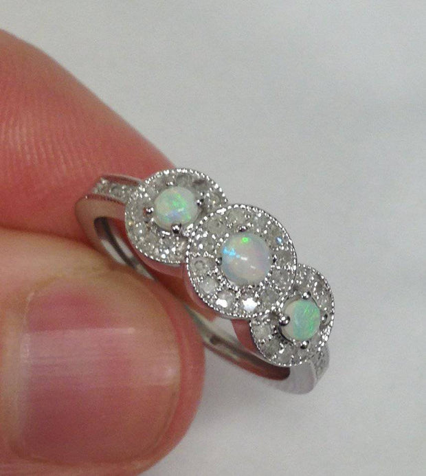 1/2CT 3-Stone Halo Opal & Diamond Ring 14K White Gold