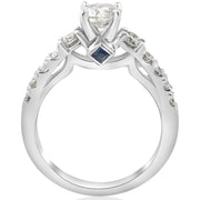 1ct Diamond & Princess Cut Blue Sapphire 3 Stone Engagement Ring 14K White Gold