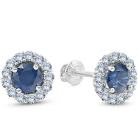 2 1/5 Ct Halo Diamond & Blue Sapphire Studs 14k White Gold2