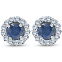 2 1/5 Ct Halo Diamond & Blue Sapphire Studs 14k White Gold1