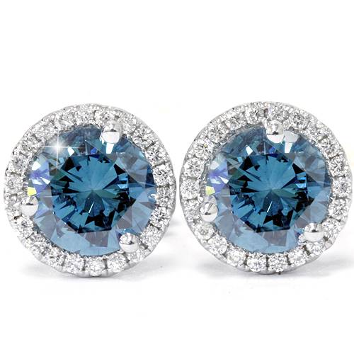 2 1/10ct Blue & White Diamond Halo Studs 10K White Gold1